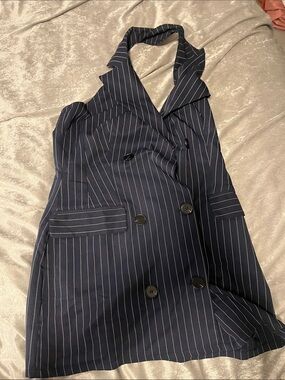 Fashion Nova Navy Pinstripe Halter Blazer Dress
